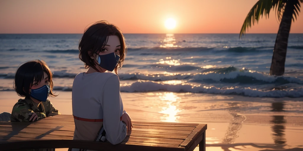 (masterpiece:1.5),(best quality:1.3),(ultra-detailed),(8k resolution),sunset at a tropical beach,1 boy,a masked soldier in full tactical gear sitting at a wooden table on the beach,2girl,surrounded by two beautiful women in blue bikinis,birthday cake with lit candles in the center of the table,soldier wearing camouflage uniform and tactical gear,faces obscured by a gas mask and sunglasses,the women are smiling and posing close to the soldier,palm trees and ocean waves in the background,warm and vibrant sunset lighting,soft shadows,detailed skin textures,relaxed and celebratory atmosphere,Midjourney,(3d game scene:1.1),