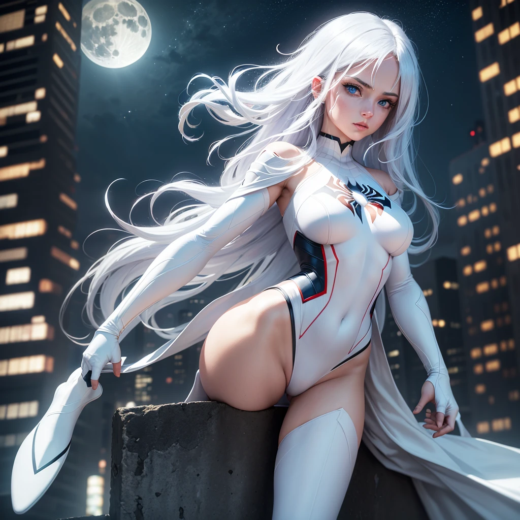 (Masterpiece, 4k resolution, ultra-realistic, very detailed), (White superhero theme, gigantic breasts, charismatic, there's a girl on top of town, wearing Spider-Man costume, she's a superhero), [ ((25 years), (long white hair:1.2), full body, (((gigantic breasts))), ((huge breasts)), (blue eyes:1.2), ((Spider-Man pose), show of strength, jumping from one building to another), ((sandy urban environment):0.8)| (cityscape, at night, dynamic lights), (full moon))] # Explanation: The Prompt mainly describes a 4K painting of ultra-high definition, very realistic, very detailed. It shows a superheroine at the top of the city with massive breasts, wearing a Spider-Man costume. The theme in the painting is a white superhero theme, the female protagonist has long white hair, is 25 years old and her entire body is shown in the painting. In terms of portraying the actions of superheroines, spiders are employed