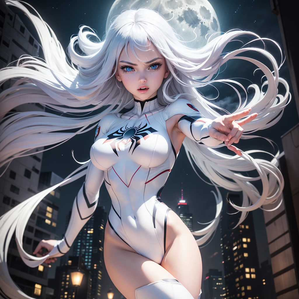 (​masterpiece, 4K resolution, ultra realist, muito detalhado), (White costume superhero theme, charismatic, Girl on the roof of the city, wearing a white Spider-Man costume, Superheroine), [((23yearsold), (long white hair:1.2), Full body, (blue eyes:1.2), (Dynamic Poses of Spider-Man) ((gloomy urban environment):0.8)| (urban landscape, Night time, dynamic lights), (full moon))]