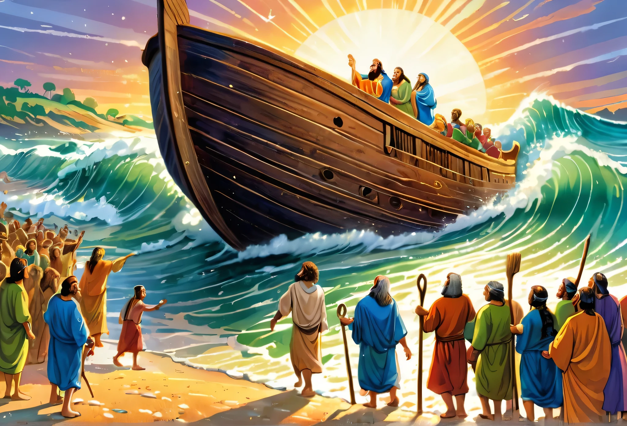 Bible story, Noah and his people coming down from the Ark, seashore.
(masterpiece best quality:1.2) delicate illustration ultra-detailed, illustrations, bright, colourful,