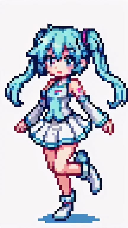 ((spritesheet: jumping animation)) 1girl, pixel_art, light_smile, medium_breasts, chibi, jumping, hatsune miku, 