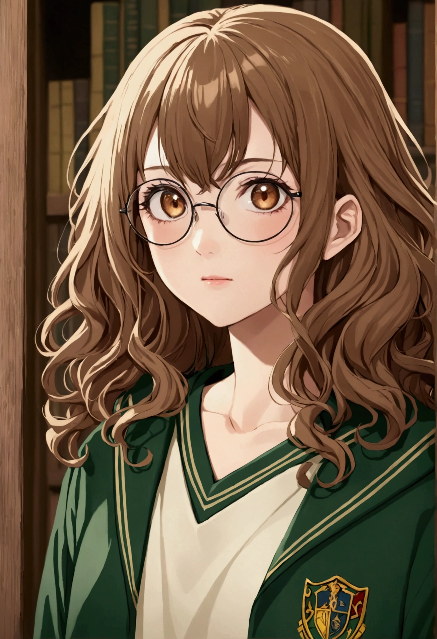 Jujutsu kisen character with tall, thin, brown wavy hair wearing a sweatshirt uniform similar to the wizarding school uniform