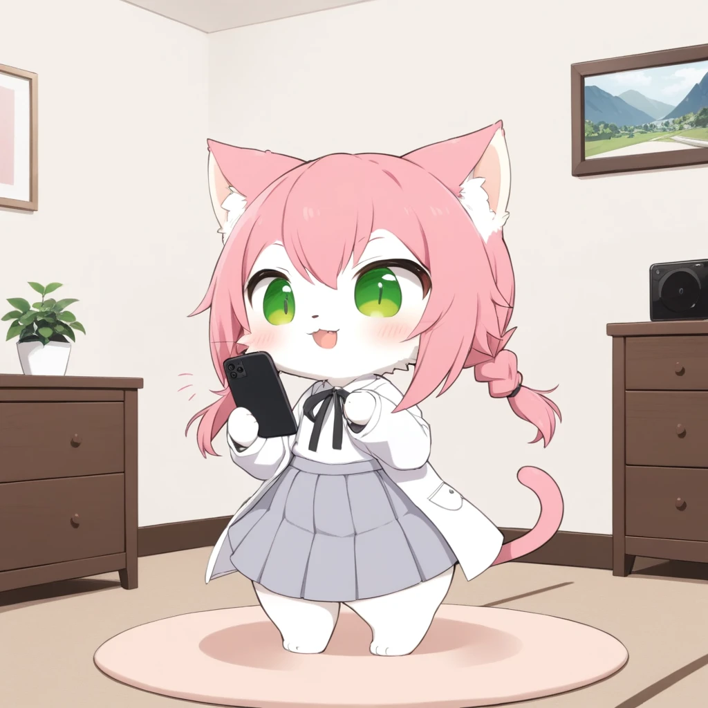 score_9, score_8_up, score_7_up, score_6_up, source_anime,source_furry,rating_questionable,masterpiece, best quality, perfect anatomy , very aesthetic , absurdres ,solo,1girl\(cute,smile,standing,furry,kemono,cute dress\),wide shot,(chibi:0.2),neko_hakase is playing games with mobile_phone,look at the phone,in bedroom,pink hair,full body,pigtail,tail,two_hands,cat pad,two_black_feets,white_clothing,skirt,grey_skirt