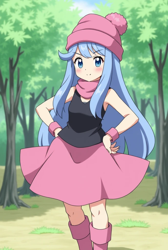masterpiece, best quality, 1girl, dawn \(pokemon\), beanie, long hair, blue hair, blue eyes, black sleeveless shirt, pink scarf, pink skirt, pink boots, hands on hips, smile, looking at viewer, forest background, embarrassed, upskirt, upskirted
