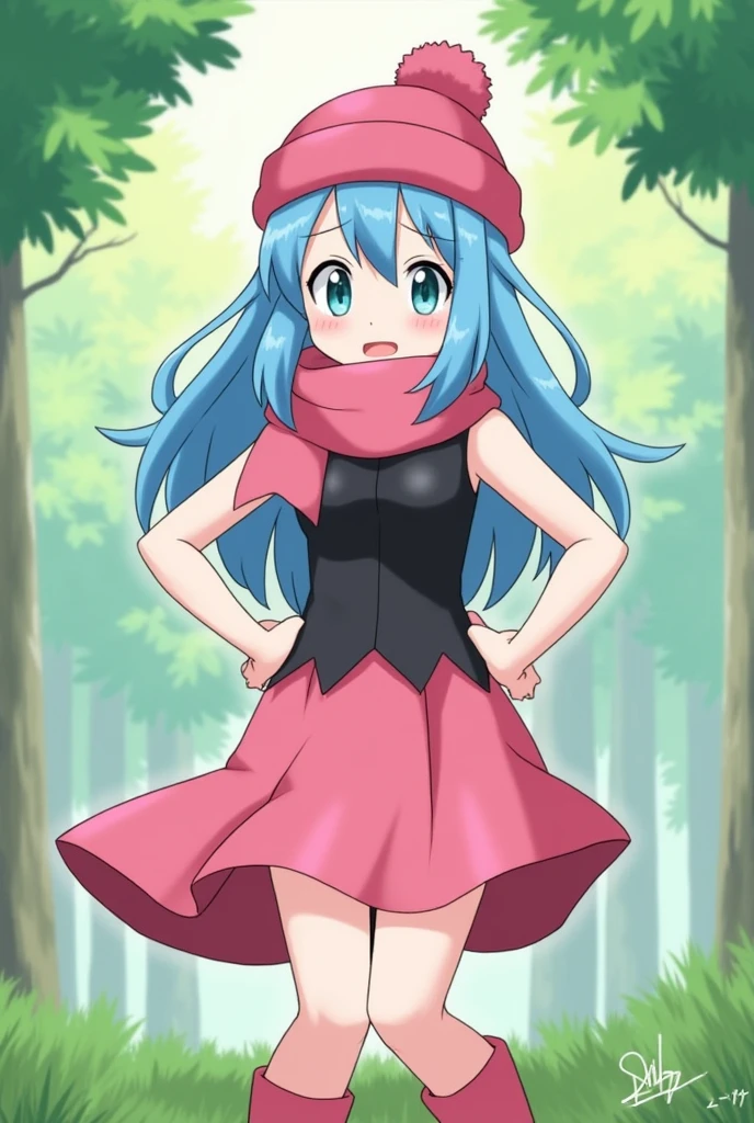 masterpiece, best quality, 1girl, dawn \(pokemon\), beanie, long hair, blue hair, blue eyes, black sleeveless shirt, pink scarf, pink skirt, pink boots, hands on hips, smile, looking at viewer, forest background, embarrassed, upskirt, upskirted