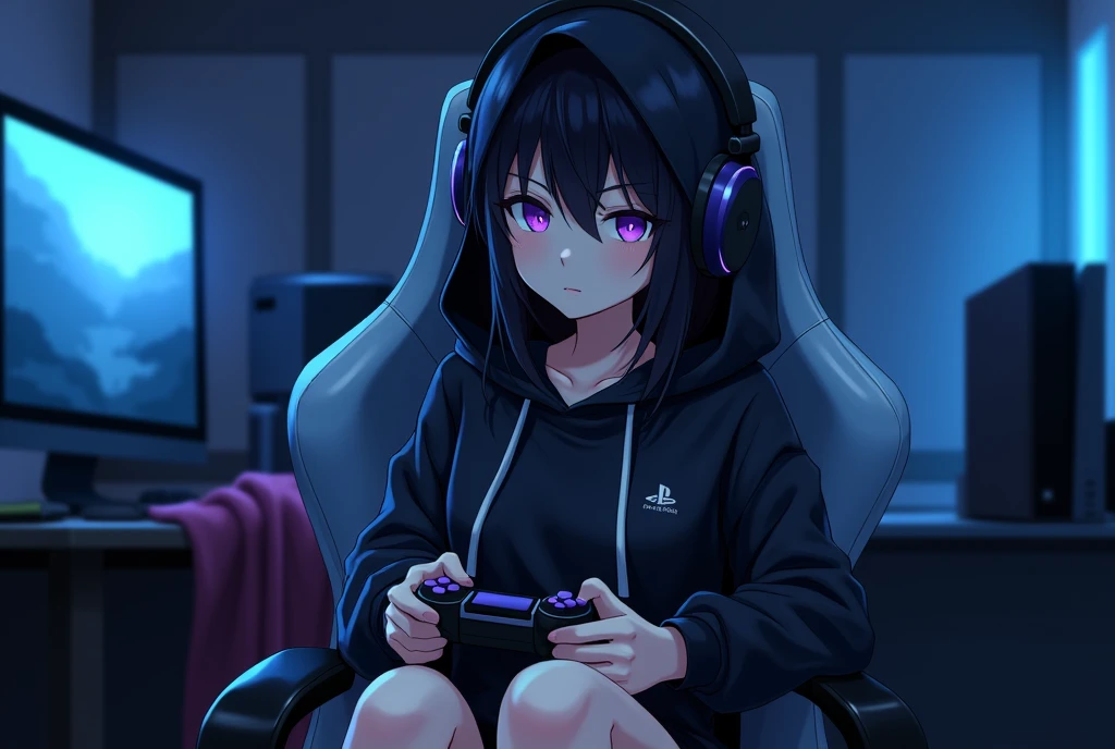 Anime Style. A girl tall in her twenties with black hair, purple eyes, black hood covering her head and headphones on her. The girl is barefoot. The girl's feet are on the gamer chair. In her right hand is a PlayStation controller. The background is a darkened gamer room, with low intensity light blue LED lights. The girl is sitting on a gamer chair. Behind her is a computer and a couple of video game consoles.