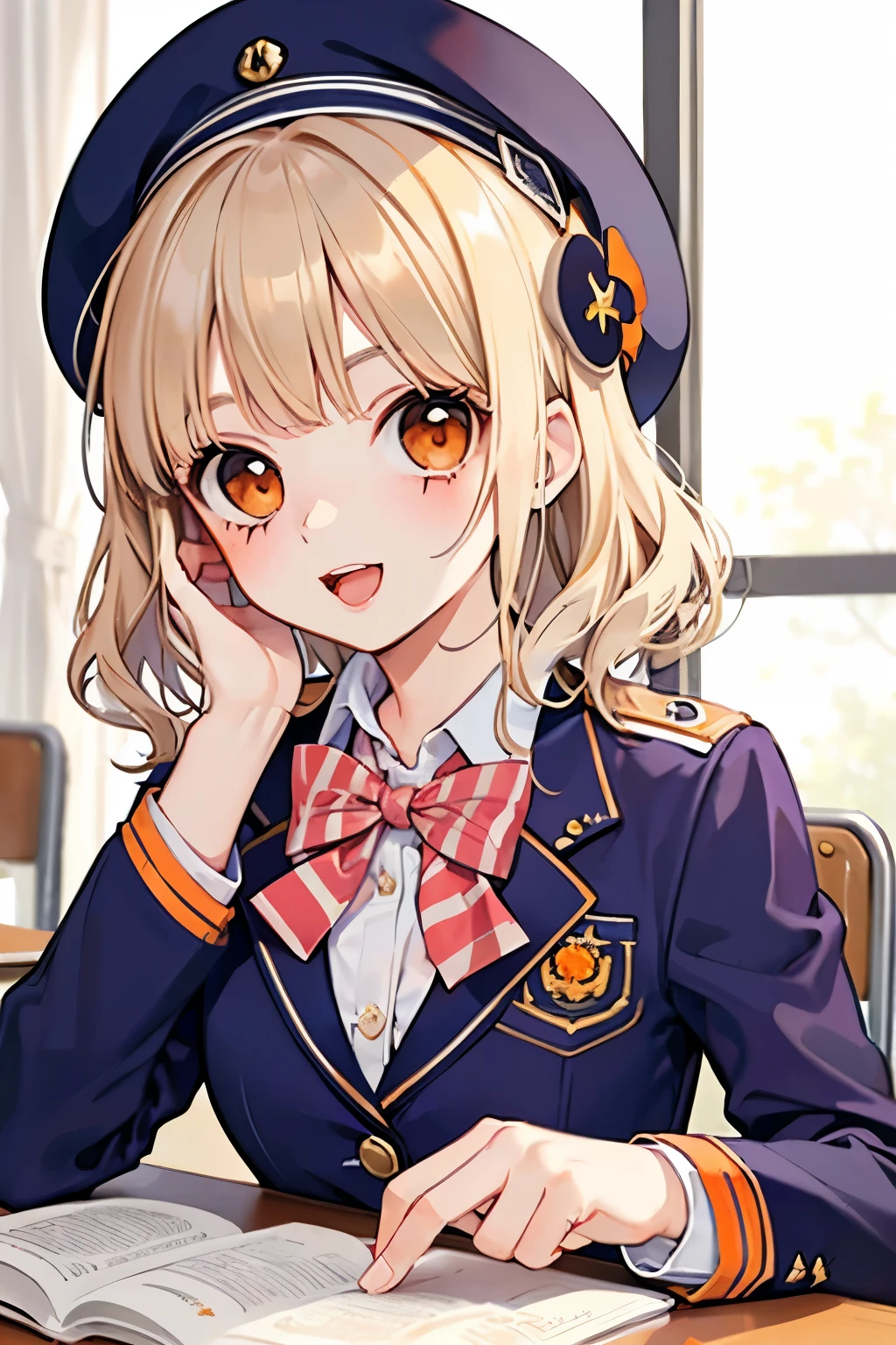 beautiful cute girl,(beige hair:1.2),(orange eyes:1.2),((school costume:1.2)),((check blazer uniform:1.2)),(open your mouth:1.1),smile,close-up Face,(study:1.1),(study room:1.1).