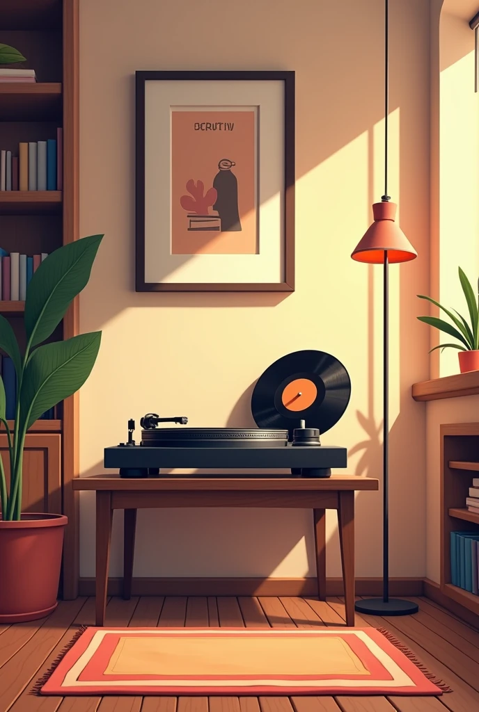 Create a vertical (1080 x 1920 pixels) illustration of a cozy and modern room scene with a focus on a turntable setup. The room should have a stylish and inviting atmosphere.
Turntable Setup:
Place a turntable prominently on a table or stand. The turntable should be detailed with visible components like the platter, tonearm, and control knobs.
Lean a vinyl record casually against the turntable. The record should be partially visible and angled as if it was just taken out of its sleeve.
Wall Frame:
Hang a framed picture or artwork on the wall behind the turntable setup. The frame should be simple and elegant. The content of the frame can be a minimalistic design or abstract art that complements the overall room decor.
Room Details:
Include elements like a rug on the floor, a lamp or light source providing warm illumination, and perhaps some subtle decorations like a potted plant or bookshelves in the background.
Ensure the color palette is cohesive and pleasing, with warm tones to create a cozy ambiance.
Additional Elements:
Add some shadows and reflections to give the scene depth and realism.
Consider including details like a small side table or chair near the turntable, but avoid cluttering the scene.
Make sure the illustration maintains a balanced composition, with the turntable setup being the focal point, and the framed picture adding a touch of character to the wall.