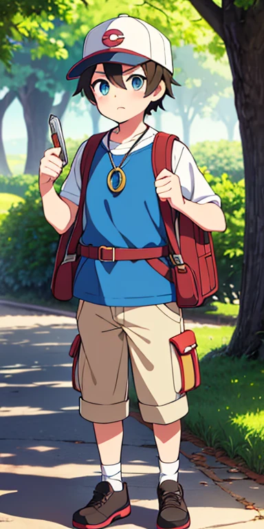 Full body, beautiful eyes , 1 boy  , full body , cute boy , anime style , cute eyes  , (standing up) ,boy, (Collectors are typically depicted as middle-aged individuals wearing practical, yet stylish, outdoor gear that reflects their love of exploration. They often carry large satchels or backpacks filled with Poké Balls, research notes, and other tools of the trade. Some Collectors may wear hats or accessories that signify their status as seasoned adventurers, like a monocle or a special pendant representing a rare Pokémon they cherish.) 
