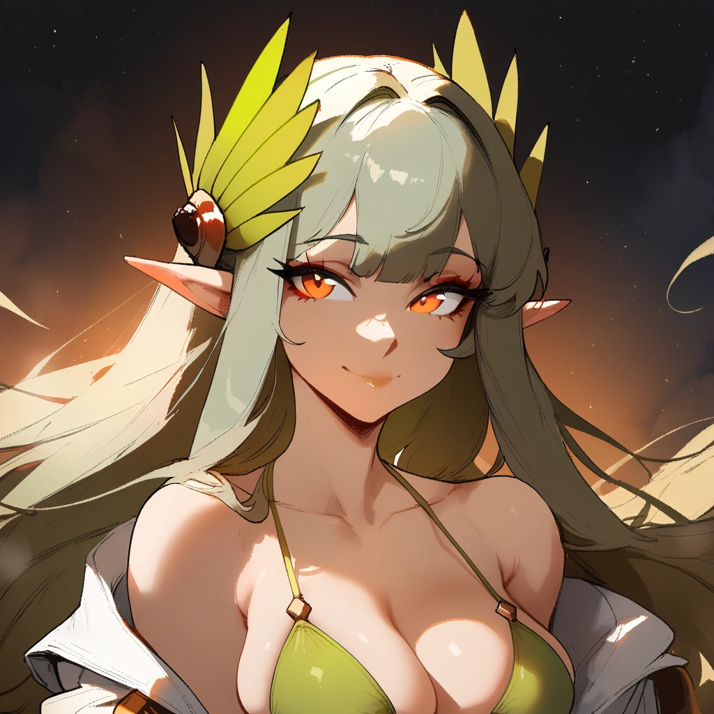 1girl, muelsyse \(arknights\), arknights \\\\\ masterpiece, best quality, very aesthetic, absurdres, newest ///// ,by nyantcha, cutesexyrobutts, khyle////// simple background, space background. lime bikini, greenery, , orange eyes,elf ears, slim body, 18 years old girl,thin waist ,,solo, , stars, ^_^, portrait, ,detailed face, , bare neck.