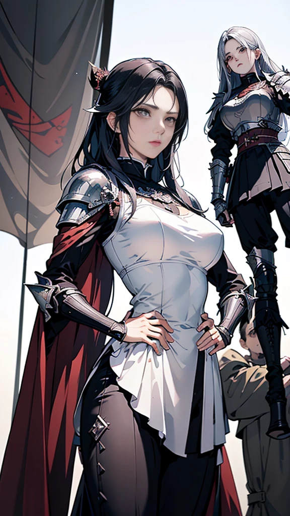 Black-haired woman, Amazing character art, (Silver Knight Armor:1.3 ),((Pure white background)), 3d rendering character art 8k, Beautiful female knight, 2. 5D CGI Anime Fantasy Artwork, Detailed digital anime art, Beautiful female templar, Photorealistic Anime Girl Rendering, Very nice work of art, Fan Art Best Art Station, (Red velvet cape),(Stretch your open hand forward:1.3), (Hands on hips),(on stage:1.2),((From below)),Eyes looking into the distance,(A female general gives orders to her soldiers:1.3),Muscular,(samurai:1.2)