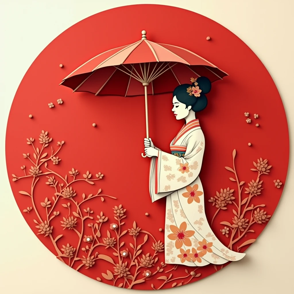 Flat cut Paper style,((Ancient Chinese woman holding an umbrella,red,Paper,color block,((round))