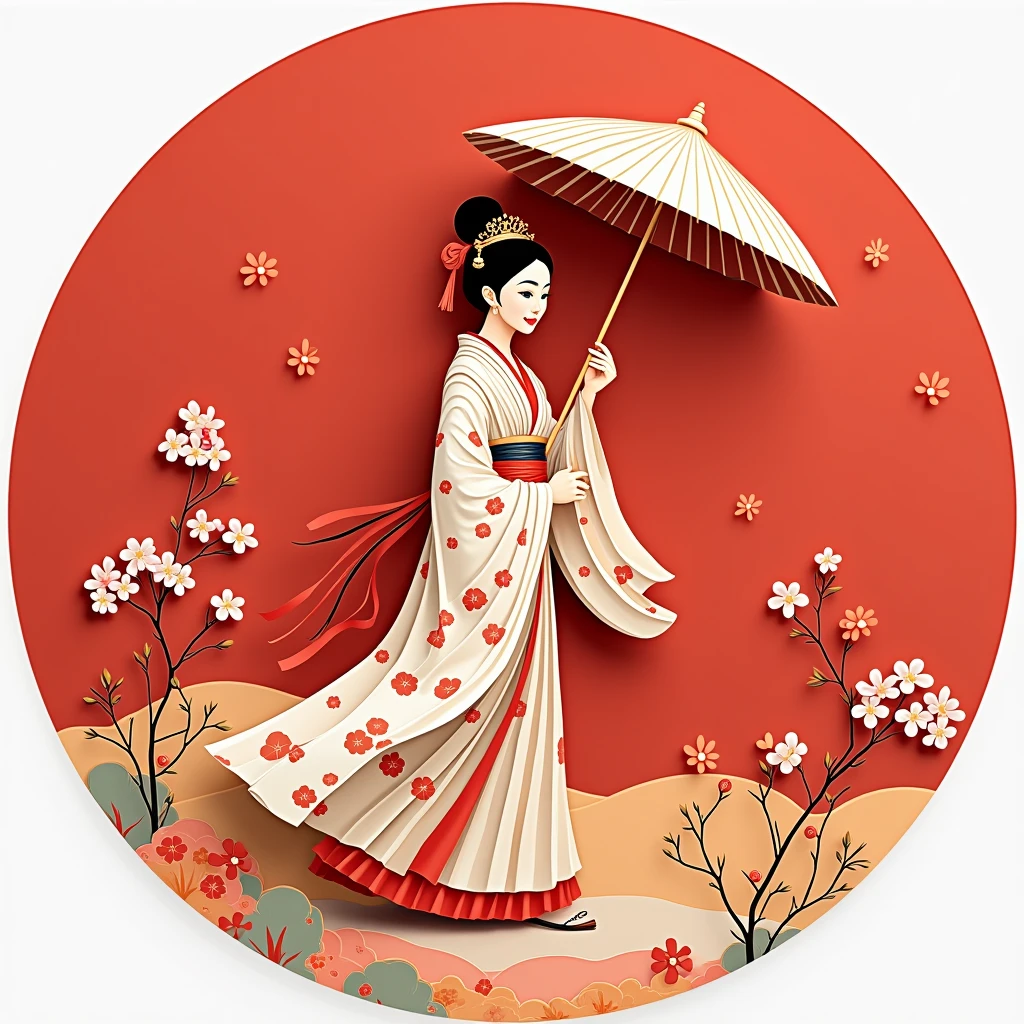 Flat cut Paper style，((Ancient Chinese woman holding an umbrella，red，Paper，color block，((round))