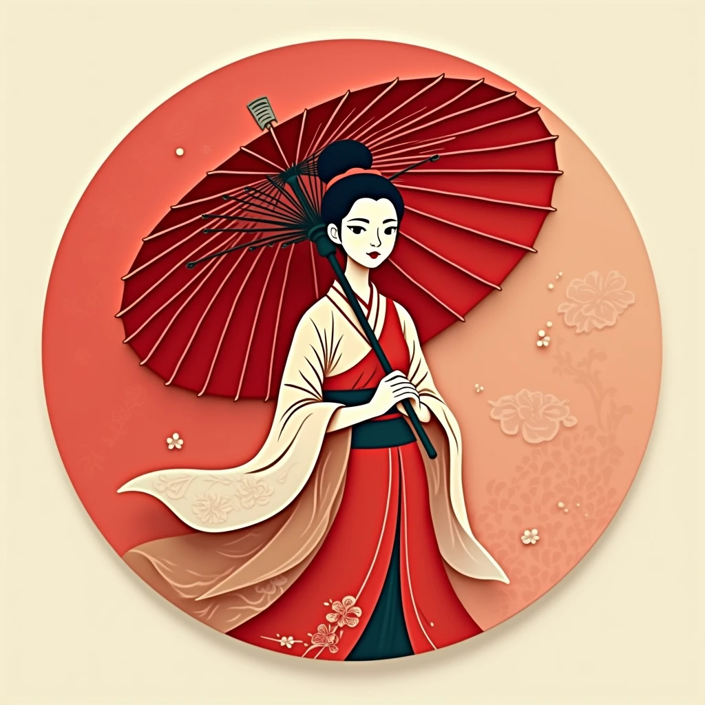 Flat cut Paper style，((Ancient Chinese woman holding an umbrella，red，Paper，color block，((round))