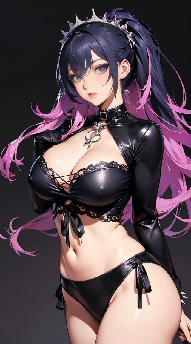 (best quality, masterpiece, ultra-detailed, 32k:1.2), simple lines, anime style, pastel goth punkgirl, perfect body, ((huge breasts)), wide hips, choker, chains, spikes, dark background, vibrant