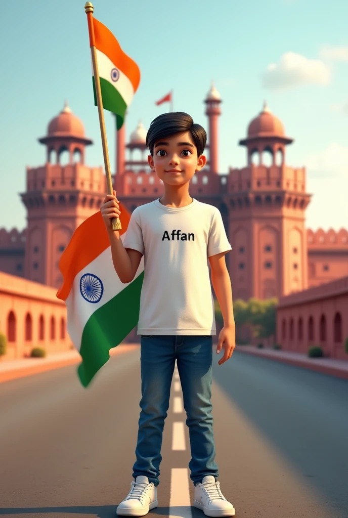 Generate a Realistic  boy, Wearing White T shirt blue jeans sneakers and the name    "Affan" is written on his t-shirt and the boy is standing on the road with holding a national flag of India, and behind him is the Red Fort Delhi. And written on sky "Independence Day" Create Realistic image high quality