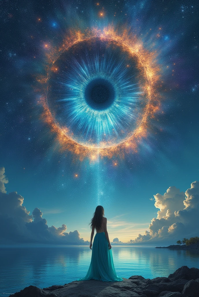 Créez une image surréaliste représentant un vaste œil cosmique dominant le ciel nocturne, avec une galaxie tourbillonnante intégrée dans l'œil. Les couleurs doivent être vibrantes et surnaturelles, notamment des bleus profonds, des violets, des oranges et des ors. La scène doit évoquer un sentiment d’émerveillement et de mystère. Ci-dessous, représentez un océan calme reflétant la scène cosmique ci-dessus, avec une femme vêtue d'une robe turquoise fluide debout sur le rivage, regardant le ciel. Le style général doit être onirique et fantastique, avec une touche de réalisme dans les détails.