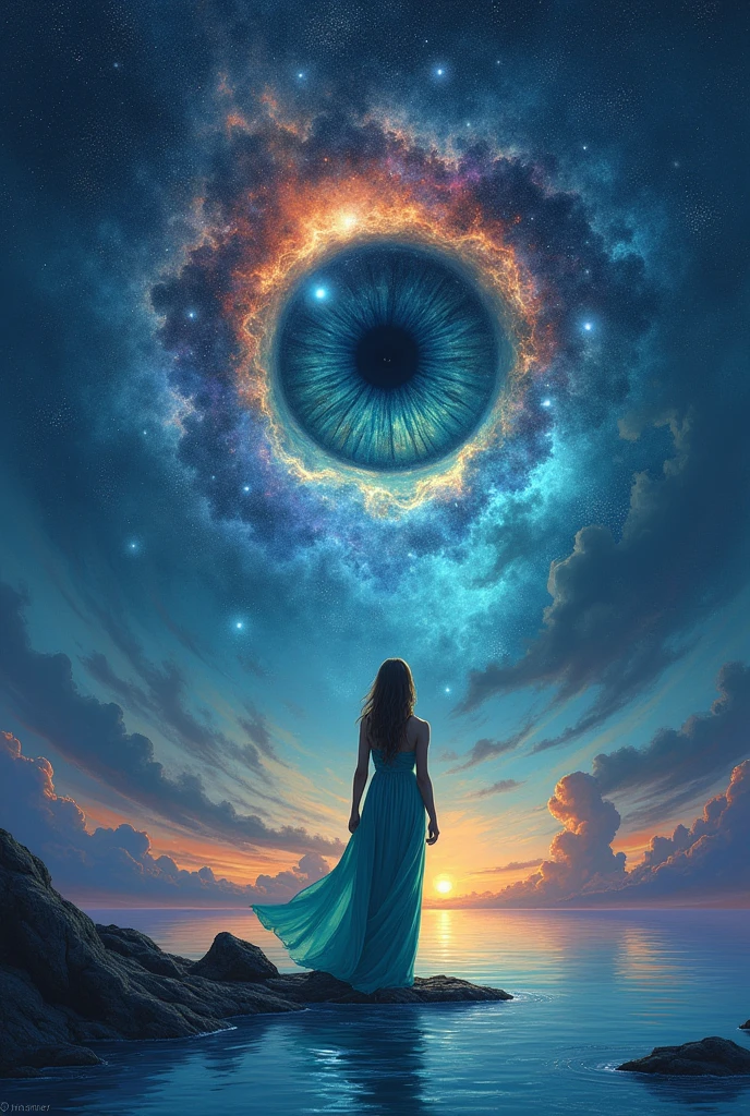 Créez une image surréaliste représentant un vaste œil cosmique dominant le ciel nocturne, avec une galaxie tourbillonnante intégrée dans l'œil. Les couleurs doivent être vibrantes et surnaturelles, notamment des bleus profonds, des violets, des oranges et des ors. La scène doit évoquer un sentiment d’émerveillement et de mystère. Ci-dessous, représentez un océan calme reflétant la scène cosmique ci-dessus, avec une femme vêtue d'une robe turquoise fluide debout sur le rivage, regardant le ciel. Le style général doit être onirique et fantastique, avec une touche de réalisme dans les détails.