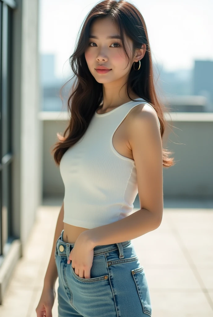 Ultra-high resolution,Natural light,photograph,Highest quality,photographのようなHighest quality,Japanese,Beauty,woman,beautiful girl,Freshman,22 years old,Beautiful Face,Cute Face,Beautiful Hair,Straight Hair,,Fair skin,Beautiful legs,Beautiful thighs,full body,White sleeveless,Skinny jeans,Beautiful arms,Open Terrace