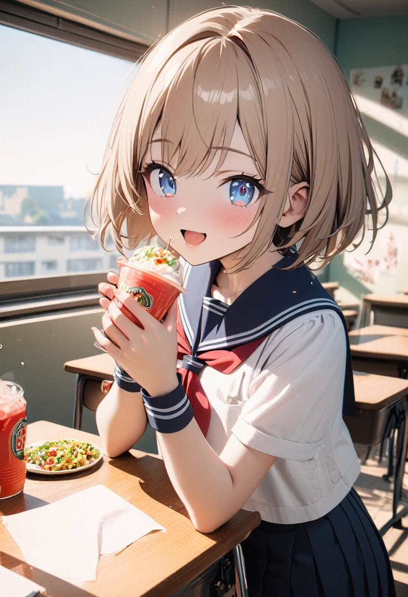 1 girl, 18yo, flat chest, blue eyes, light brown hair, bob cut, smile, open mouth, drinking a cup of milky white water with relish, sailor uniform, upper body, classroom, 8k, RAW photo, best quality, masterpiece, extremely detailed 8k wallpaper, ultra-detailed, best shadow, detailed background, beautiful detailed face, beautiful detailed eyes, nice hands, perfect hands
