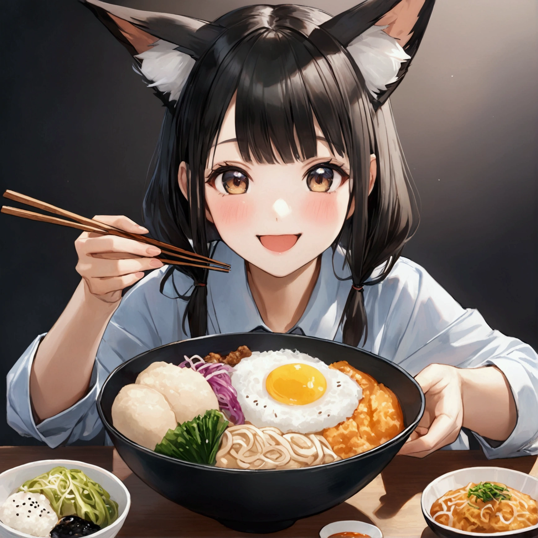 One person,Fox-eared girl,Udon、(((丼の中に薄っぺらいお揚げの入ったUdon)))、,Chopsticks in the right hand,eat, looks happy、cute、Realistic Anime、