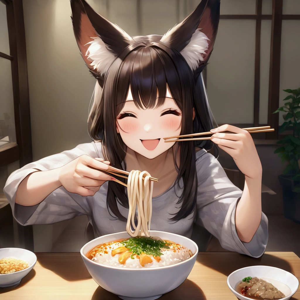 One person,Fox-eared girl,Udon、(((丼の中に薄っぺらいお揚げの入ったUdon)))、,Chopsticks in the right hand,eat, looks happy、cute、Realistic Anime、