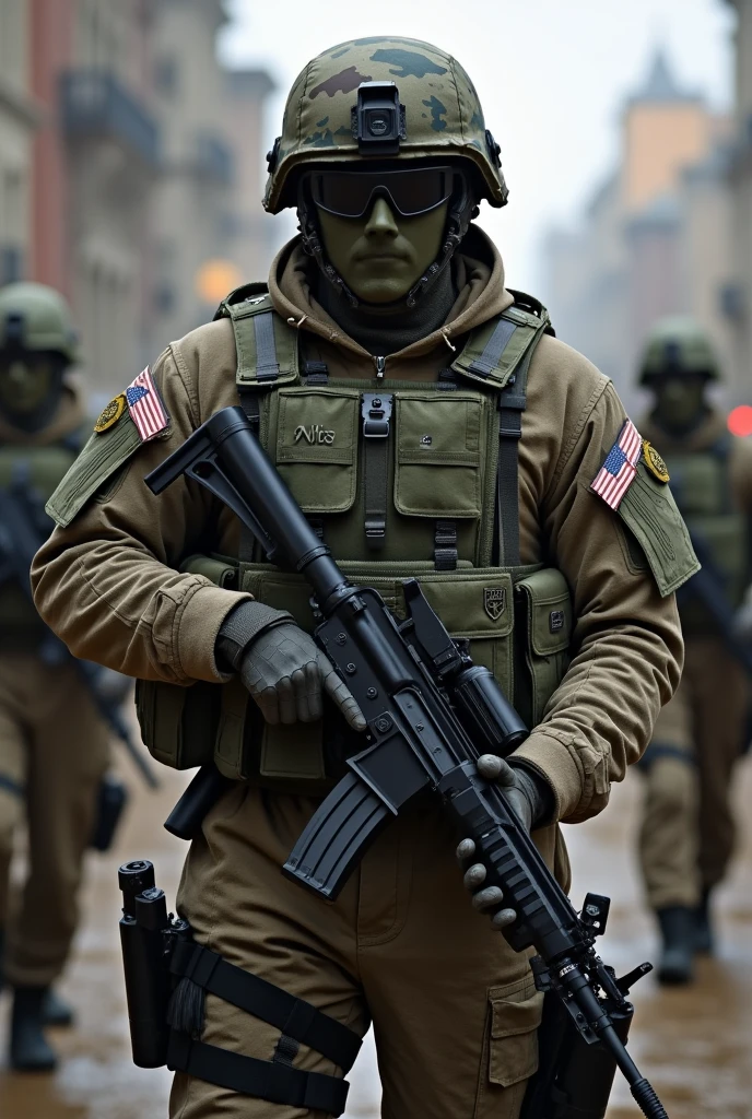 tactical gear, tactical armour, special forces, photography, crouching, aiming weapon, side view, abandoned building, smoke, fire, bullet tracers