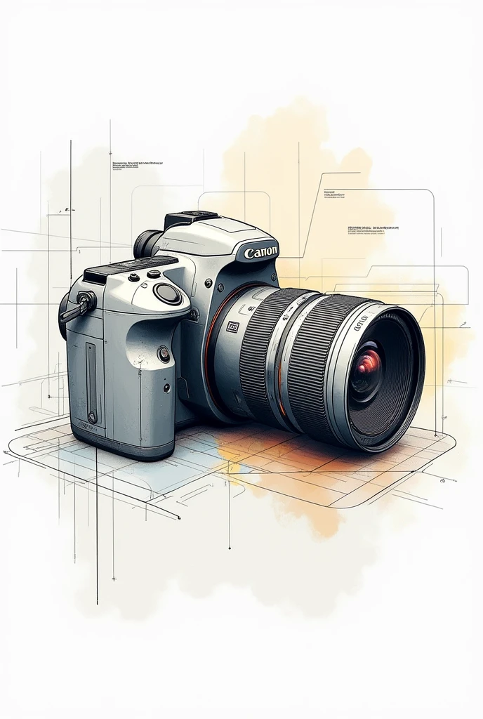 Technical sketch of (Camera Canon R3) design with clear perspective lines, showing detailed structure. Emphasize the technical nature of the sketch with structural lines, and add subtle overlays of color to highlight specific parts. The overall style should combine technical drawing with industrial design elements.