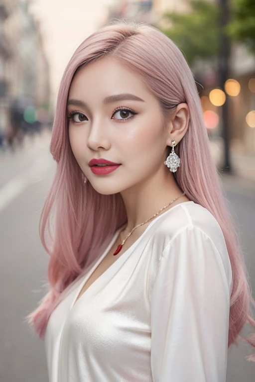 1 girl, Korean model, extremely beautiful, perfect body. Photo taken with Canon EOS R5 85mm f/11 Camera, ((sharp)) mode of people and surrounding scenery. Image quality ((8K)), ((lifelike)), ((masterpiece)), ((sharp and highest contrast)), ((great depth of field)), ((light stereolithography)). ((Pink hair)), long and smooth, the wind blows it beautifully under the bright sunlight. Beautiful face, perfect and sexy, holy, perfectly balanced, ((beautiful in every detail)), ((shiny)), ((high-end cosmetic makeup)), ((shiny bright, radiant)). Bright smile, pure white teeth and details. Seductive glossy red lips, ((brilliant glossy red lipstick)). The eyes are brown, glossy, seductive, ((sharp makeup)), realistic, ((wet eyes)) and detailed. Pink eyeshadow, long eyelashes, blush, high-end cosmetics. Two delicate eyelids, perfectly beautiful and detailed, black eyelashes. Eyebrows are curved, sparse, sharp and detailed. High and detailed nose. Cheeks are prominent and detailed. ((Ivory white, bright white skin)), detailed pores, ((shiny skin)), smooth, rosy, flawless skin texture. Long, shiny legs. Beautiful, perfect hands, ((no flaws)). Big and full breasts, ((prominent and detailed nipples)), deep and firm cleavage, tight under the bra. ((Full butt)), tight fitting underwear, small waist, extremely slim waist. ((Light shines directly on the face)), bright sunlight, ((shines light on the front part of the girl's body)).
Wear earrings, necklaces, belts, ((shirts)), ((office dresses)), high heels, bracelets. Girl standing on the street, ((white snow)), cold wind, icy, cold, numb, ((frozen)), snowflakes, lonely, magical, dreamy, waiting, ( (hope)), ((mystical)).