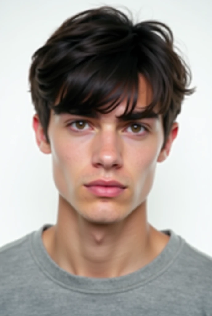 Handsome, looks often seen on social media, 20 years old, male, white background with no background, eyes look fierce, dark hair, straight eyebrows, bangs