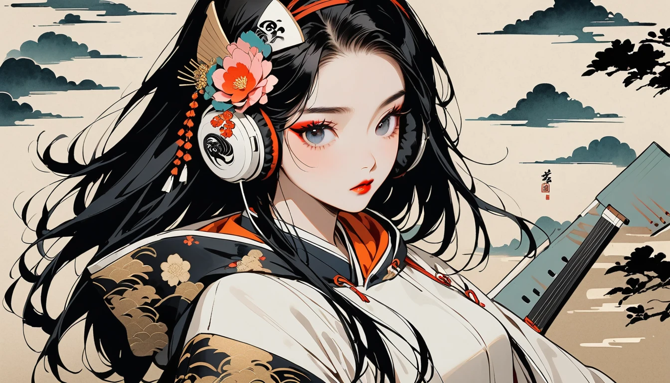 (((Ink Painting))), (((Shamisen))), (((1 girl))), (((whole body))), (((Very flashy hair accessories))), (((Very flashy makeup))), Japanese style headphones, Japanese pattern hoodie, Put on the hood, Put your hands in your pockets, Japan人の美女, Black Hair, Delicate and precise, Modern ukiyo-e style,Japan, Droopy eyes, round face