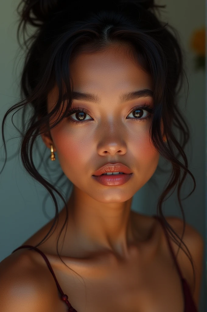 Create a black woman with very Chinese or Asian eyes and big tits and ass