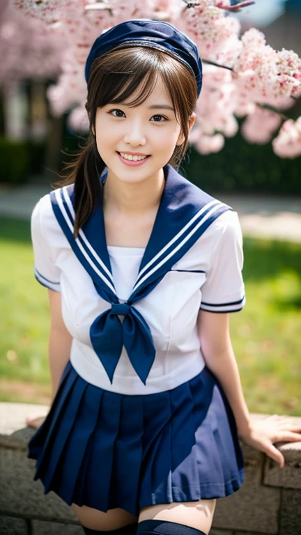 (A gorgeous Japanese lady, age 25, wearing seifuku, school uniform, sailor moon, jk uniform, high-school uniform, short shirt, plaid or pleated skirts, bowtie red ribbon, optional sailor hat, knee+high socks, at Cherry Blossom Festival, 

Easygoing expressions, kind smile, dimpled chins, cute snaggle-tooth, short bob hair, short ponytail, symmetrical face, realistic detailed face, beautiful detailed eyes, perfect body proportions, perfect body anatomy, hourglass figure, ample round bosoms, medium breasts,

Raw photo, photorealistic, realistic portrait, hyper-realism, high contrast, ultra HD, realistic skin textures, top image quality, top-quality, super high resolution, fine details, very meticulously, masterpiece, medium shot, close-up shot, cowboy shot, High Angle Shot, bokeh background, SFW, Safe For Work)