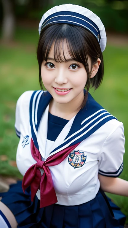 (A gorgeous Japanese lady, age 25, wearing seifuku, school uniform, sailor moon, jk uniform, high-school uniform, short shirt, plaid or pleated skirts, bowtie red ribbon, optional sailor hat, knee+high socks, at Cherry Blossom Festival,
Easygoing expressions, kind smile, dimpled chins, cute snaggle-tooth, short bob hair, short ponytail, symmetrical face, realistic detailed face, beautiful detailed eyes, perfect body proportions, perfect body anatomy, hourglass figure, ample round bosoms, medium breasts,
Raw photo, photorealistic, realistic portrait, hyper-realism, high contrast, ultra HD, realistic skin textures, top image quality, top-quality, super high resolution, fine details, very meticulously, masterpiece, medium shot, close-up shot, cowboy shot, High Angle Shot, bokeh background, SFW, Safe For Work)