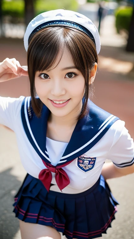 (A gorgeous Japanese lady, age 25, wearing seifuku, school uniform, sailor moon, jk uniform, high-school uniform, short shirt, plaid or pleated skirts, bowtie red ribbon, optional sailor hat, knee+high socks, at Cherry Blossom Festival, 

Easygoing expressions, kind smile, dimpled chins, cute snaggle-tooth, short bob hair, short ponytail, symmetrical face, realistic detailed face, beautiful detailed eyes, perfect body proportions, perfect body anatomy, hourglass figure, ample round bosoms, medium breasts,

Raw photo, photorealistic, realistic portrait, hyper-realism, high contrast, ultra HD, realistic skin textures, top image quality, top-quality, super high resolution, fine details, very meticulously, masterpiece, medium shot, close-up shot, cowboy shot, High Angle Shot, bokeh background, SFW, Safe For Work)