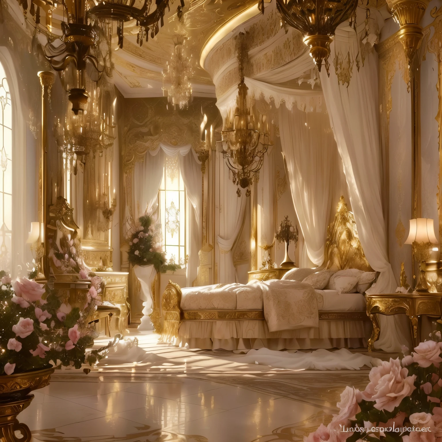 there is a room with a bed and a chandelier in it, dreamy and detailed, extremely opulent, luxurious environment, very magical and dreamy, dreamy atmosphere and drama, ornate and flowing, lavishly decorated, exquisitely designed throne room, beautiful render of a fairytale, ornate and detailed, beautiful and aesthetic, elegant and ornate, elegant and extremely ornamental, regal aesthetic