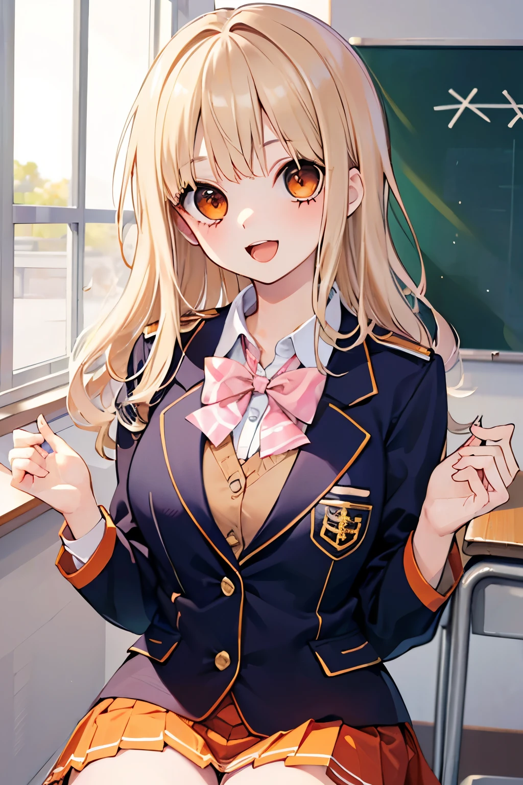 beautiful cute girl,(beige hair:1.2),,(orange eyes:1.2),((school costume:1.2)),((check blazer uniform:1.2)),(open your mouth:1.1),smile,(study:1.1),(study room:1.1).