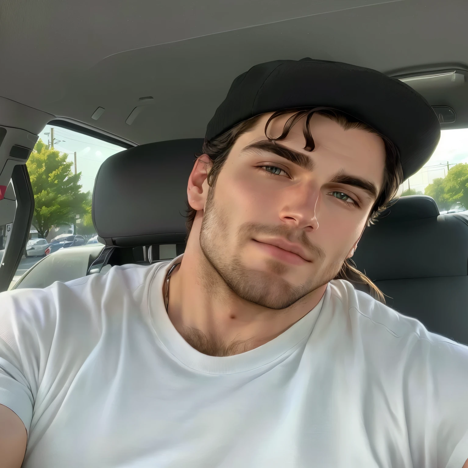 Henry cavil look, there is a man sitting in the back seat of a car, taken in the early 2020s, mid-shot of a hunky, neckbeard, handsome face, handsome male, good looking face, really good looking face!!, 2 , tyler jacobson style, extremely handsome, manly face, 2 3 years old old