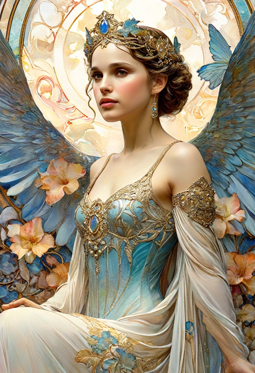 It depicts a beautiful woman with stars in her hair., (Natalie Portman:1.2), extremely detailed watercolor, The style of Alfons Maria Mucha and Gustav Kilmut, Art Nouveau accents, Fairy Queen, Anthropomorphic woman, Female figure, Detailed cover artwork, As the Star Goddess, Alphonse Mucha, Gustav Klimt, Pale skin, Marble sculpture, society, Gothic art, Art Nouveau, Behance Contest Winner