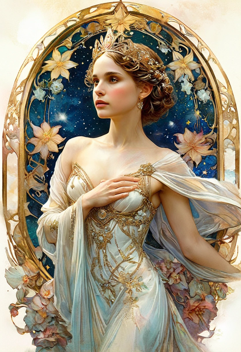 It depicts a beautiful woman with stars in her hair., (Natalie Portman:1.2), extremely detailed watercolor, The style of Alfons Maria Mucha and Gustav Kilmut, Art Nouveau accents, Fairy Queen, Anthropomorphic woman, Female figure, Detailed cover artwork, As the Star Goddess, Alphonse Mucha, Gustav Klimt, Pale skin, Marble sculpture, society, Gothic art, Art Nouveau, Behance Contest Winner