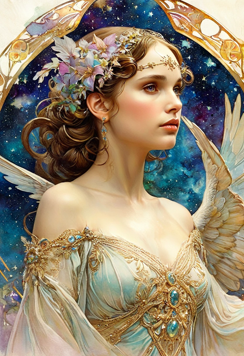 It depicts a beautiful woman with stars in her hair., (Natalie Portman:1.2), extremely detailed watercolor, The style of Alfons Maria Mucha and Gustav Kilmut, Art Nouveau accents, Fairy Queen, Anthropomorphic woman, Female figure, Detailed cover artwork, As the Star Goddess, Alphonse Mucha, Gustav Klimt, Pale skin, Marble sculpture, society, Gothic art, Art Nouveau, Behance Contest Winner