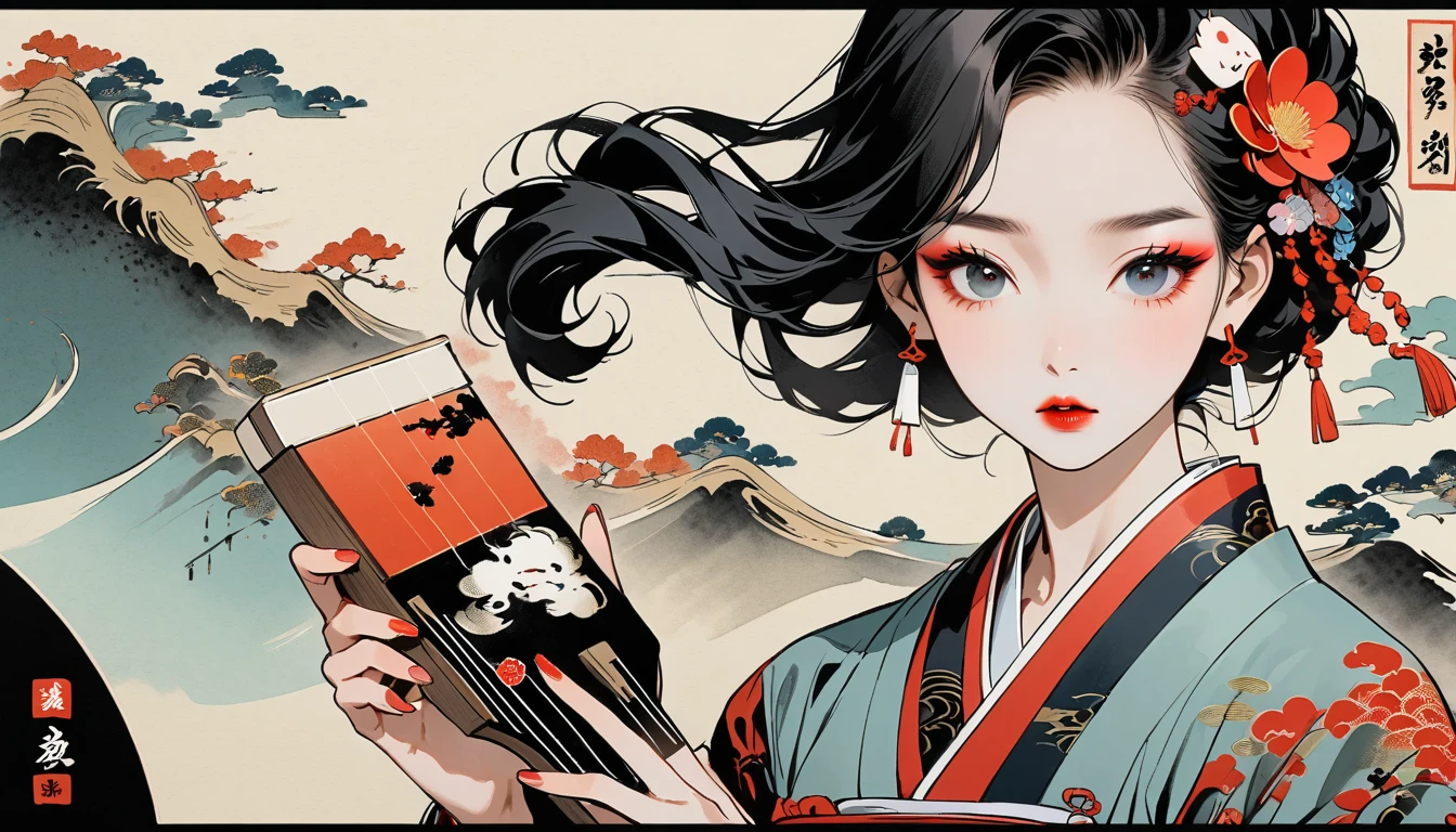 (((Ink Painting))), (((Shamisen))), (((独奏))), (((whole body))), (((Very flashy hair accessories))), (((Very flashy makeup))), Japanese style headphones, Japanese pattern hoodie, Put on the hood, Put your hands in your pockets, Japan人の美女, Black Hair, Delicate and precise, Modern ukiyo-e style,Japan, Droopy eyes, round face