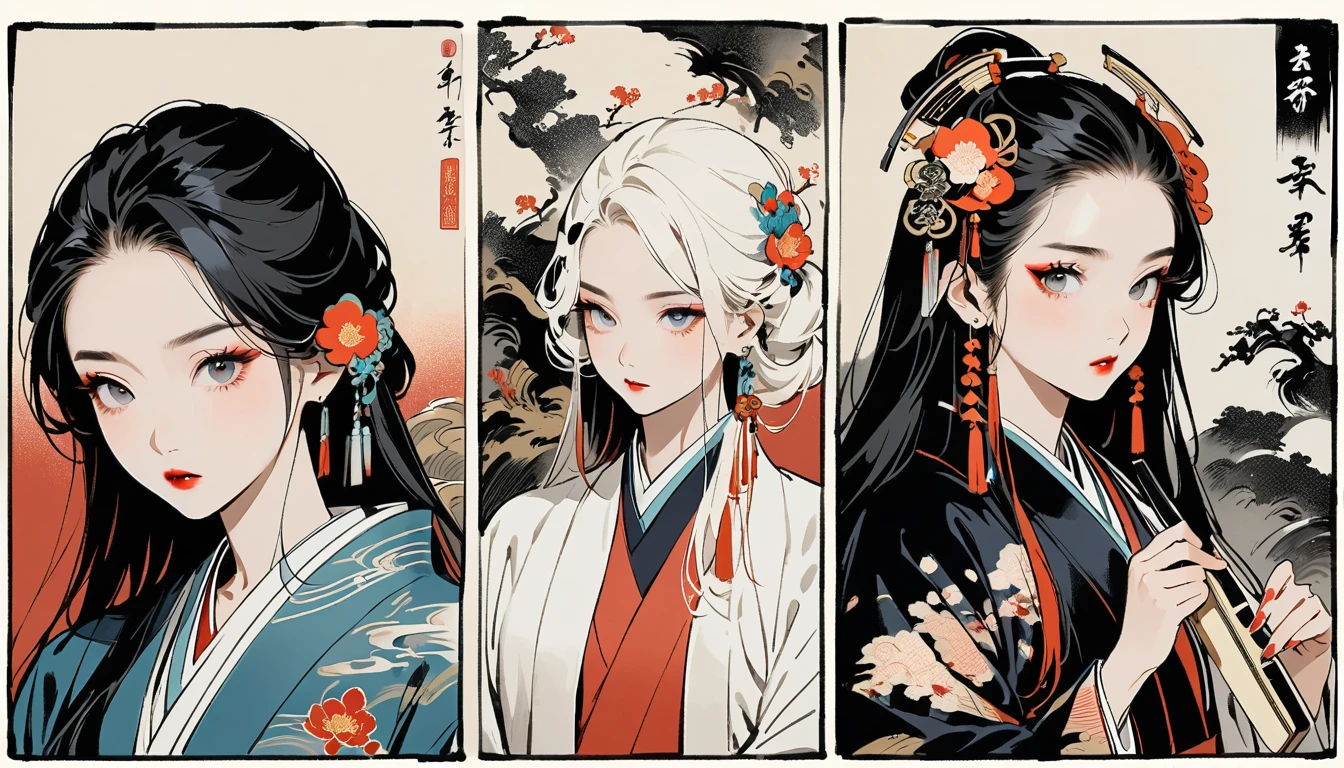 (((Ink Painting))), (((Shamisen))), (((独奏))), (((whole body))), (((Very flashy hair accessories))), (((Very flashy makeup))), Japanese style headphones, Japanese pattern hoodie, Put on the hood, Put your hands in your pockets, Japan人の美女, Black Hair, Delicate and precise, Modern ukiyo-e style,Japan, Droopy eyes, round face