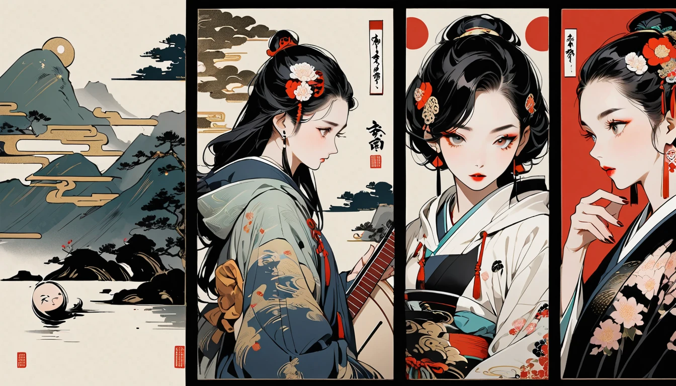 (((Ink Painting))), (((Shamisen))), (((独奏))), (((whole body))), (((Very flashy hair accessories))), (((Very flashy makeup))), Japanese style headphones, Japanese pattern hoodie, Put on the hood, Put your hands in your pockets, Japan人の美女, Black Hair, Delicate and precise, Modern ukiyo-e style,Japan, Droopy eyes, round face