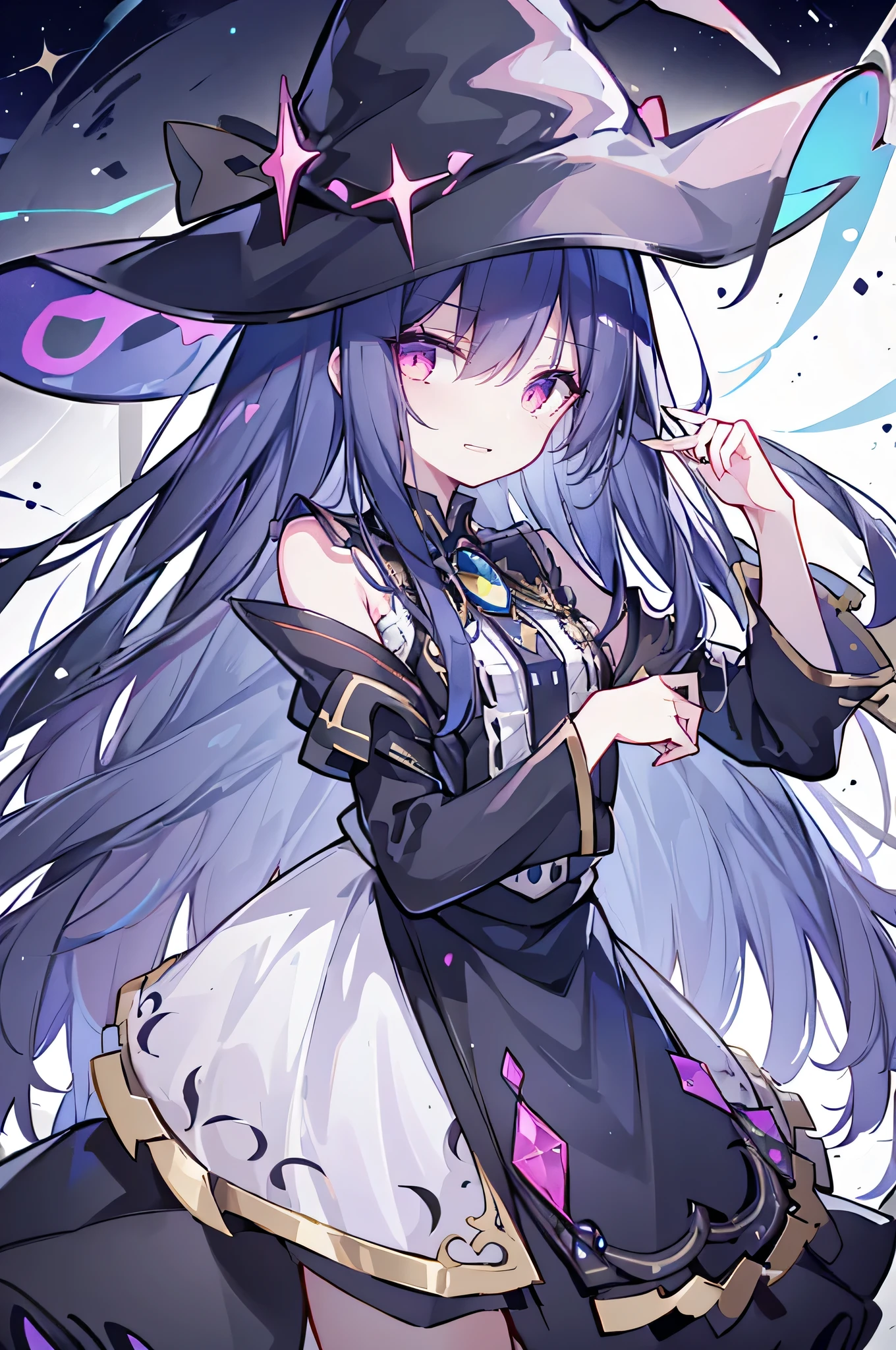 oung Girls,Humanity,A magician always smiles,big witch hat,cute,dark blue long hair,The eyes are dull,The bangs are heavy,Thin eyebrows,fantasy,intake,Double teeth,Star Theme,Constellation pattern,Solid color clothetal decoration,cloak,A bit of a dark atmosphere,A little crazy smile,When the big moon shines outside at night,blood,Hair black star embellishment,Short tie,No nails,High waist skirt,Bell sleeves,Long-sleeved shirt,Black tie,low risk,gentlemen。Mist、Yellow and white effect，Shocking pink as an accent color