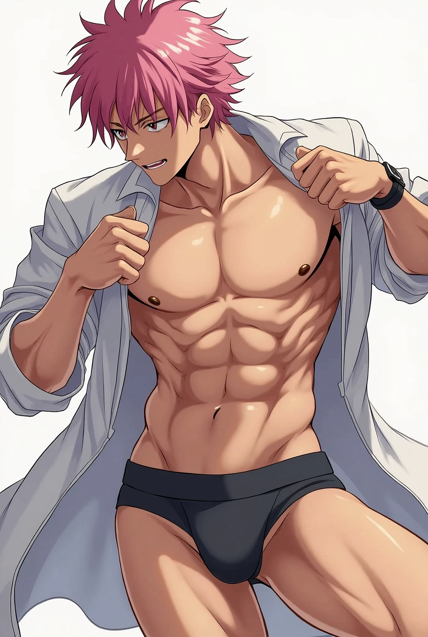 Anime guy in underwear posing with his shirt open, Yuji Itadori, pink hair, black under hair, Jujutsu Kaisen, in combat pose, slightly muscular, defined body, shirtless, abs, big legs

