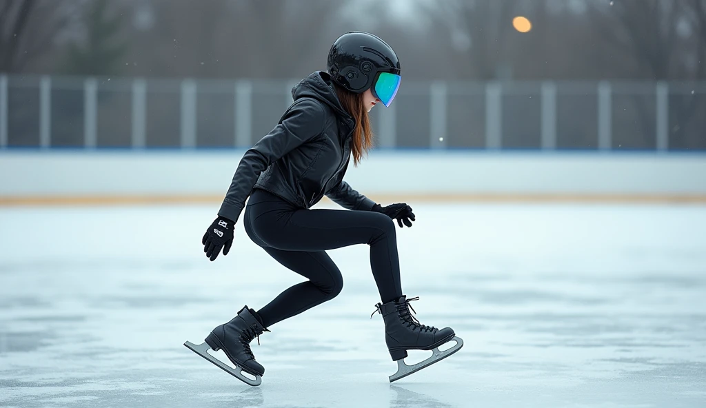 Female ice skater,Wearing a black leather jacket,A futuristic helmet,Slide sideways on one knee,individual,Hyperrealism,Wallpaper quality,Photography style