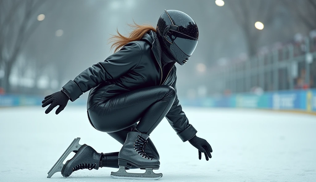 Female ice skater,Wearing a black leather jacket,A futuristic helmet,Slide sideways on one knee,individual,Hyperrealism,Wallpaper quality,Photography style