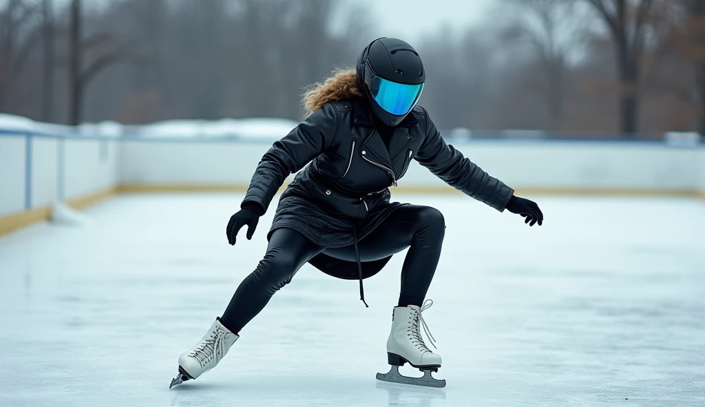Female ice skater，Wearing a black leather jacket，A futuristic helmet，Slide sideways on one knee，individual，Hyperrealism，Wallpaper quality，Photography style