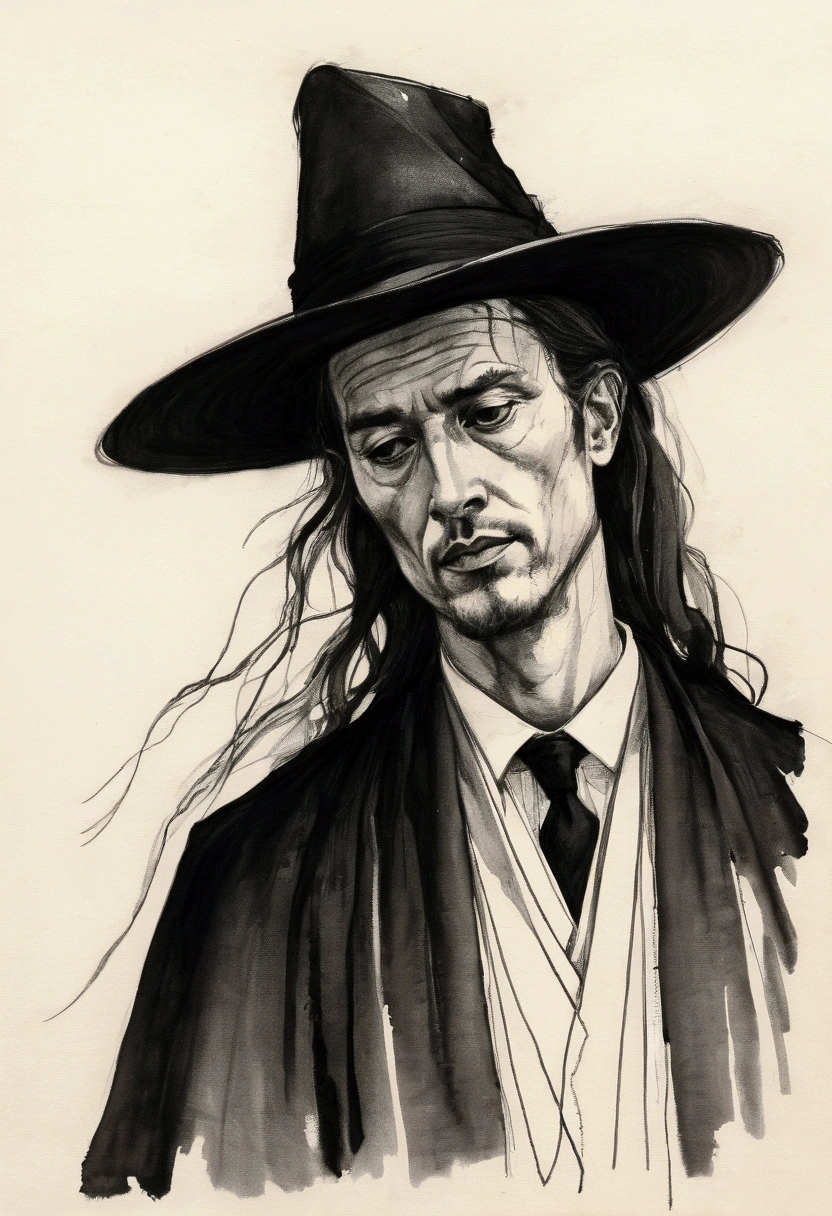 Drawing of a man wearing a hat and tie, Sketches by Hans Fischer, tumblr, Creation and Production, Black Sketch, Abstract charcoal sketch, Loose pencil sketch, Black ink sketch, charcoal smudges, Ink pen sketch, Line Drawing, Long flowing hair and robes, drawn on paper, Writing with black ink on white paper, Wearing a black robe